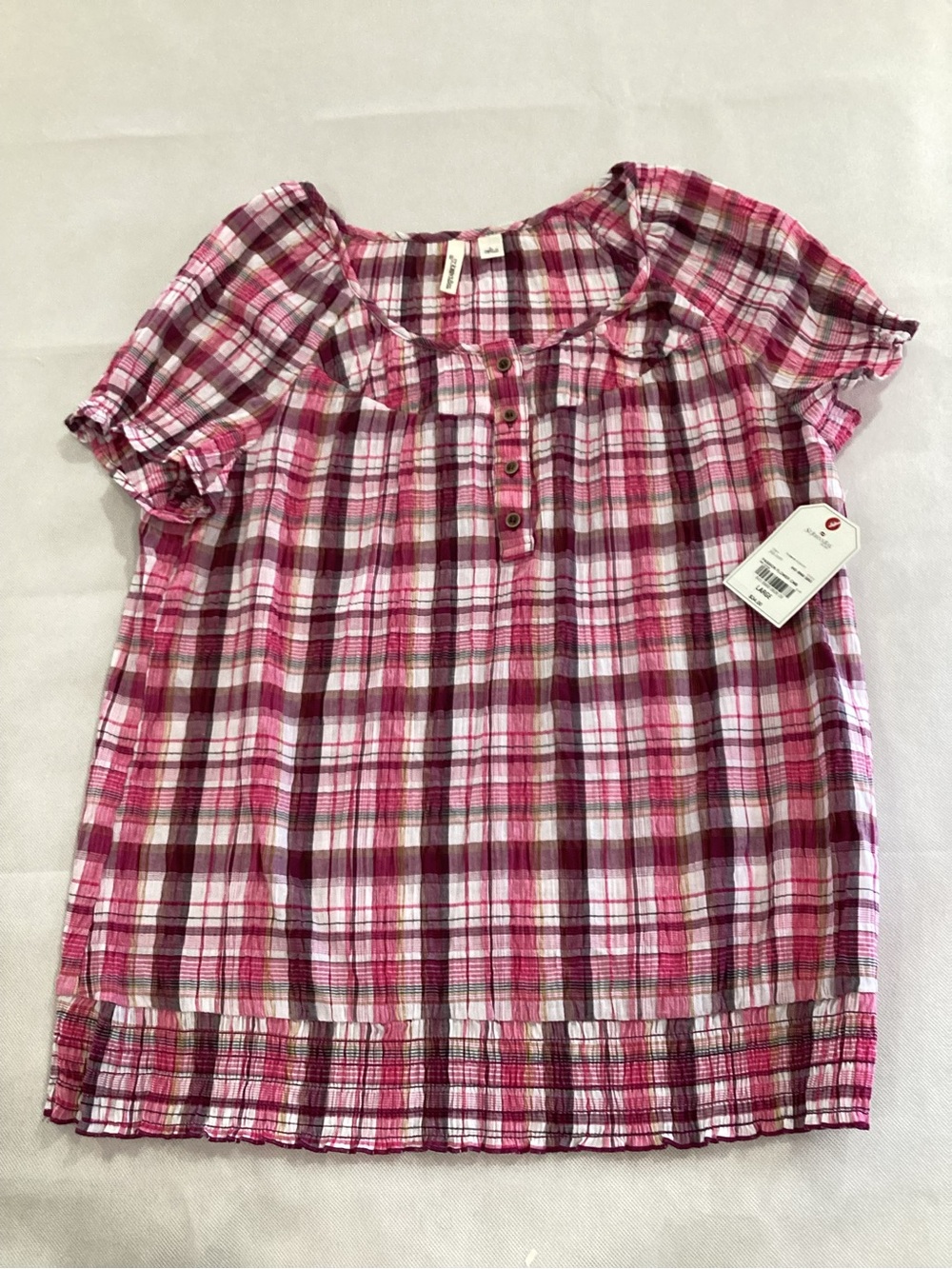 St. John's Bay Pink Plaid Short-Sleeve Peasant Top size large 9/20